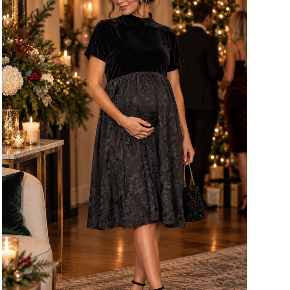 Vintage 90s Black Velvet Maternity Dress Medium Holiday Floral Rayon Feminine